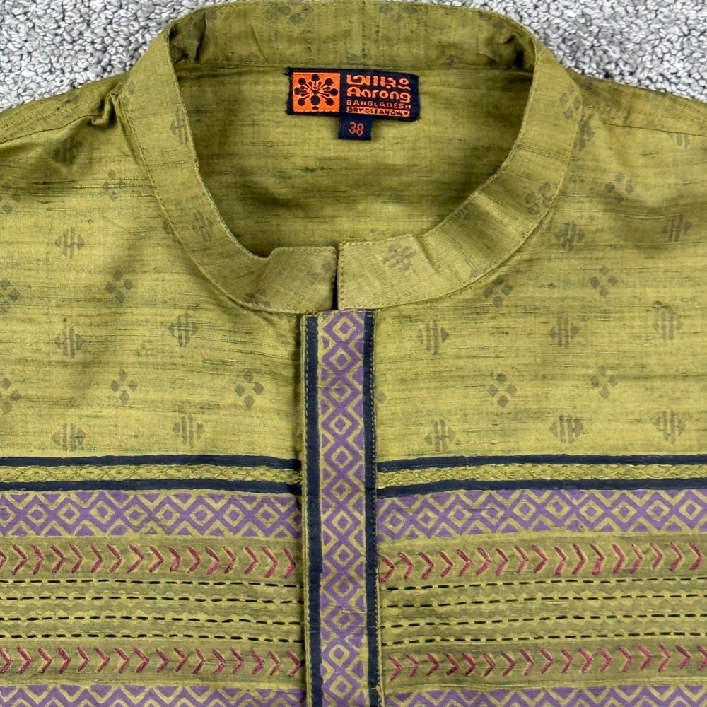 Aarong Kurta Shirt Mens 38 Med Green Embroidered Short Sleeve Ethnic Tunic Boho